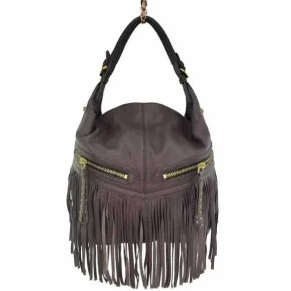💋STUNNING💋 GENUINE LEATHER BRISTOL FRINGE HOBO BAG in BROWN - Picture 2 of 14